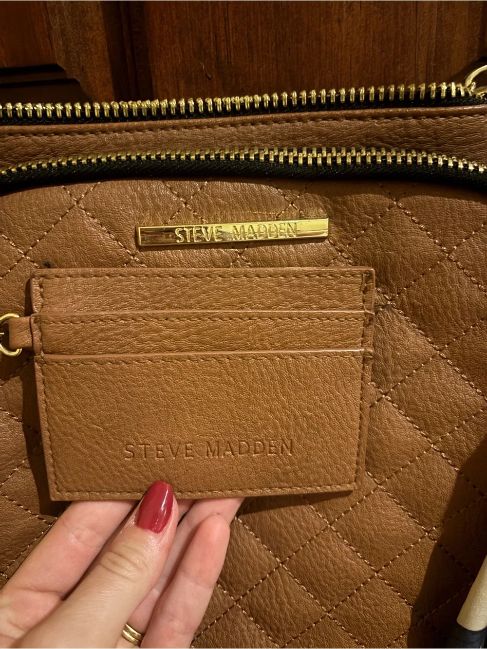 Steve Madden Quilted Brown Crossbody with Floral Scarf Accent